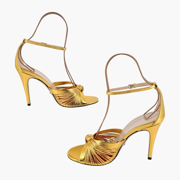 Gucci Crawford Knot Sandals EU 38.5 US 8.5 Gold Leather High Heel Shoe Allie - Picture 12 of 15